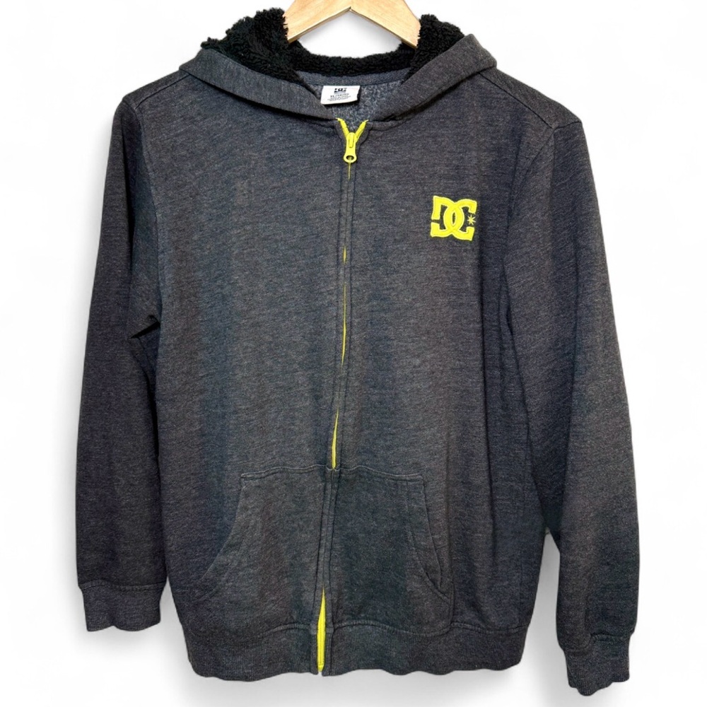 2000s DC Shoes Grey zip up Fleece Lined Hoodie neon yellow zipper skateboarding